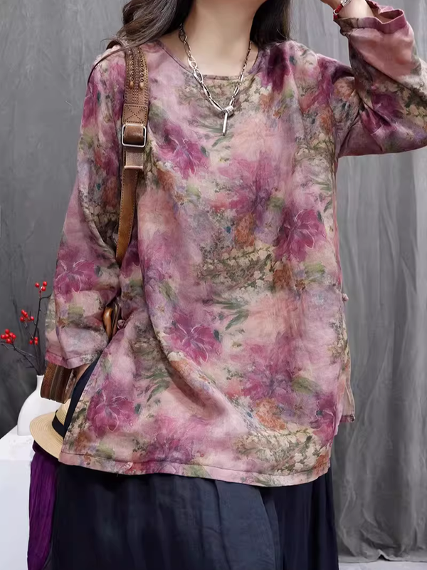 Painterly Floral Cotton-Linen Tunic Blouse