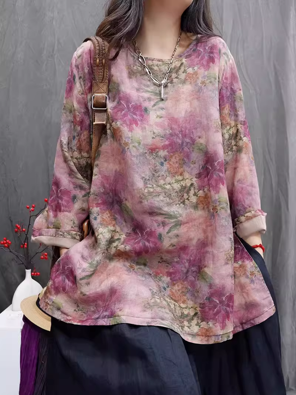 Painterly Floral Cotton-Linen Tunic Blouse