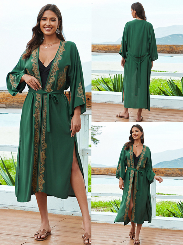 Robe Kimono à ceinture brodée à style ouvert de grande taille en liberté en liberté