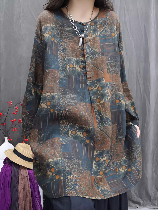 Patchwork Rayon Tunic Blouse with Oversized Fit