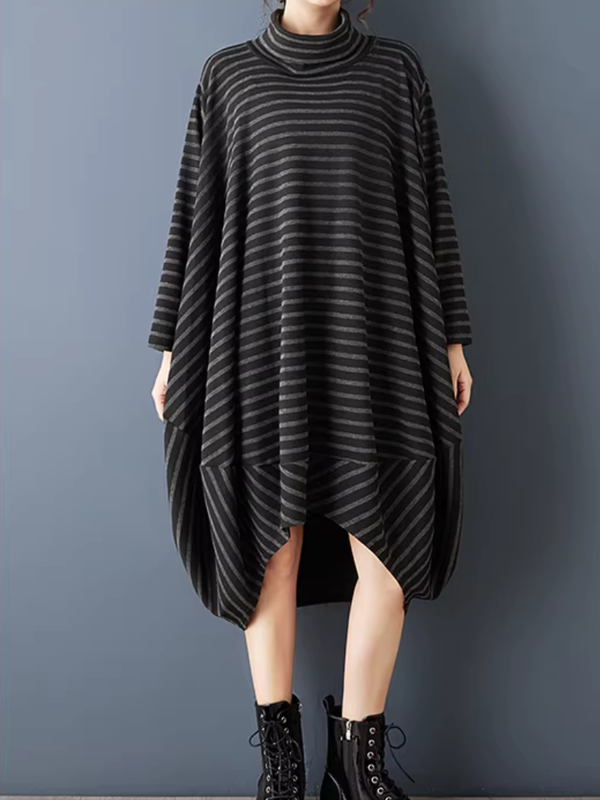 Striped Cowl-Neck Tunic Dress in Cotton Knit
