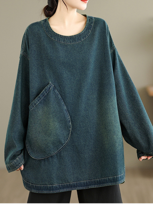 Oversized Denim Cotton Top with Curved Hem