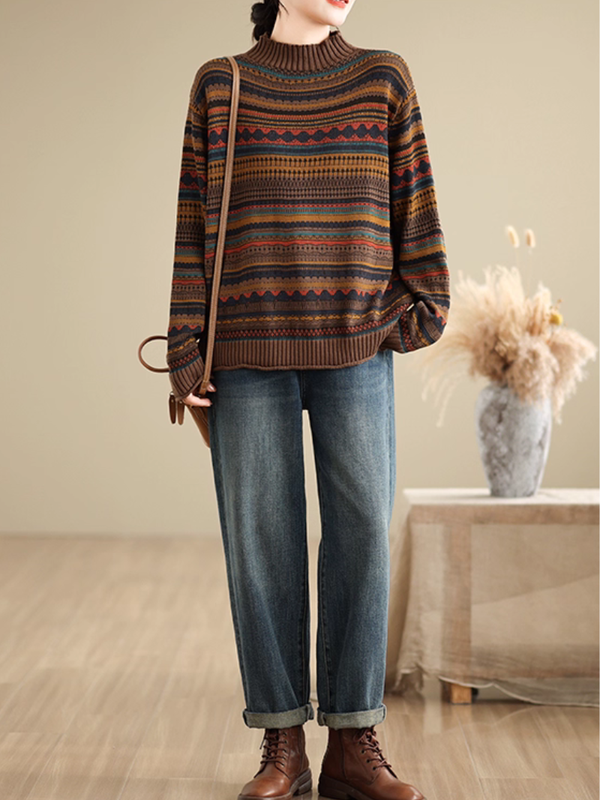 Artisanal Jacquard Mock-Neck Women's Knit Sweater, Relaxed Weekend Layer