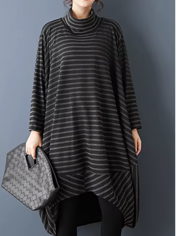 Striped Cowl-Neck Tunic Dress in Cotton Knit