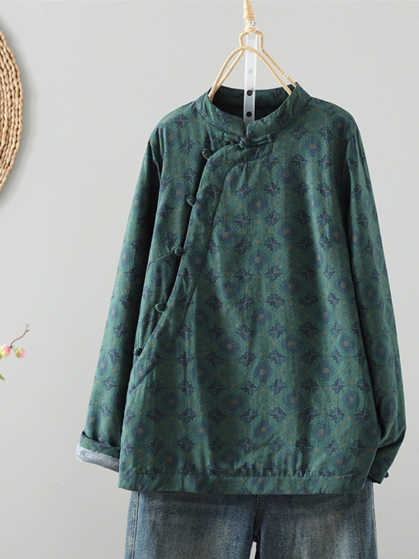 Linen-Cotton Wrap Blouse with Mandarin Collar