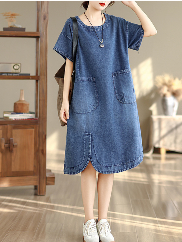 Relaxed Curved-Hem Denim Dress with Patch Pockets in Cotton A-Line