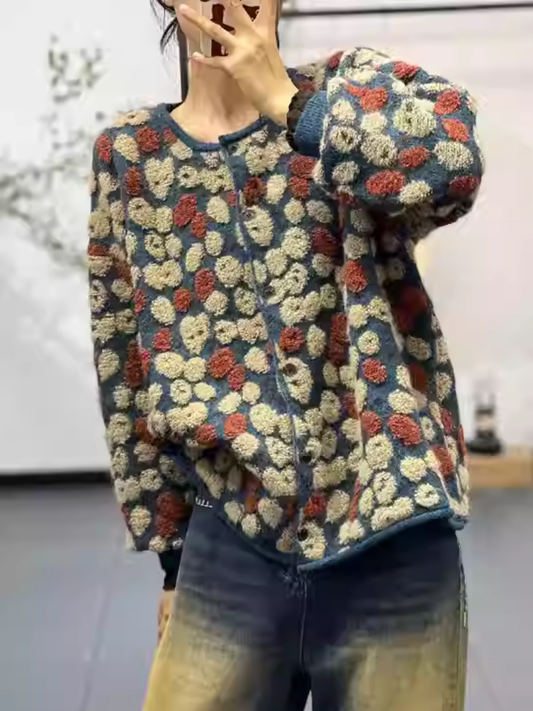 Bouclé Bloom Jacquard Cardigan in Plush Acrylic-Blend Knit with Rib Trims