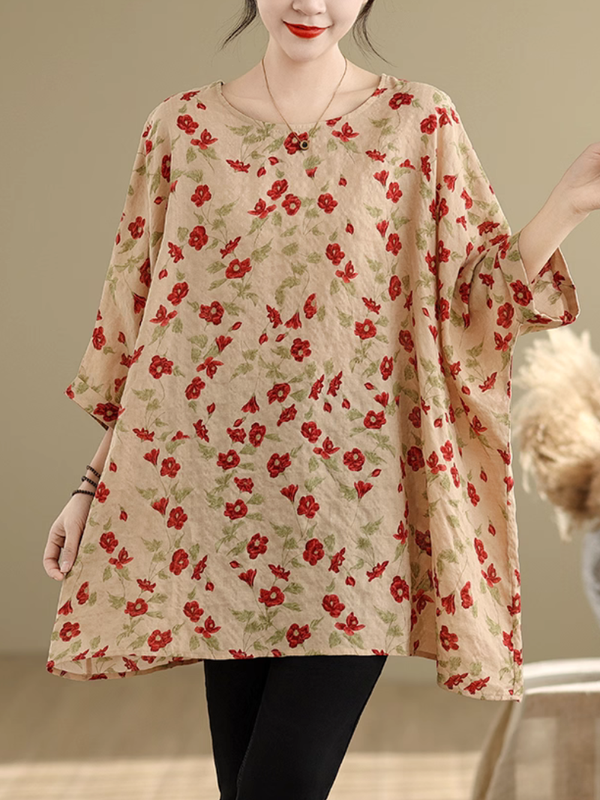 Floral Cotton-Flax Tunic Blouse with Batwing Sleeves