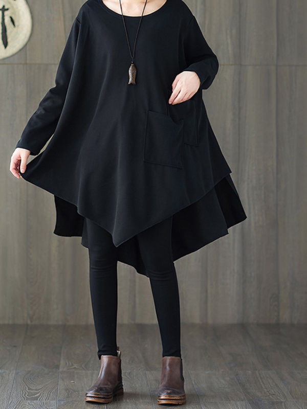 Black Oversized Tunic Top with Sculpted Pockets