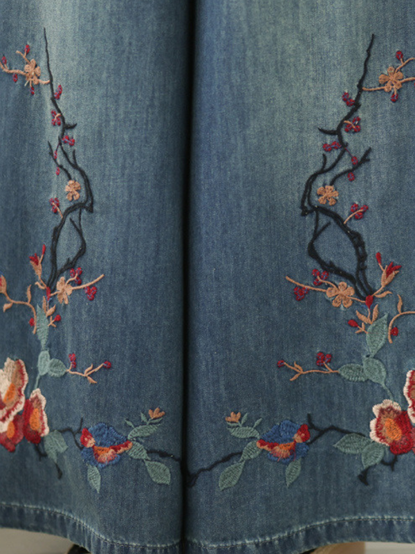 Embroidered Denim Cotton Wide-Leg Palazzo Pants for Effortless Chic Style