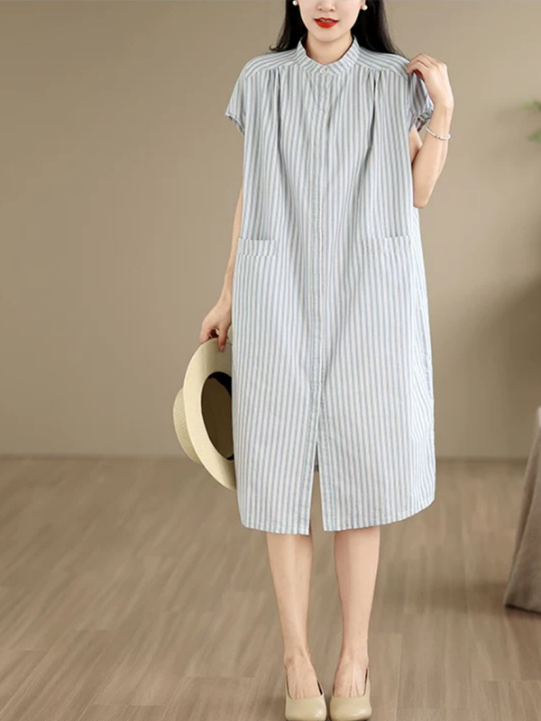 Effortless Weekend Shirt Dress — Cotton Linen Ease with Subtle Stripes