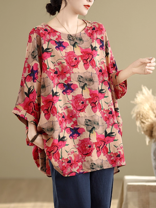 Floral Cotton-Flax Tunic Blouse with Batwing Sleeves