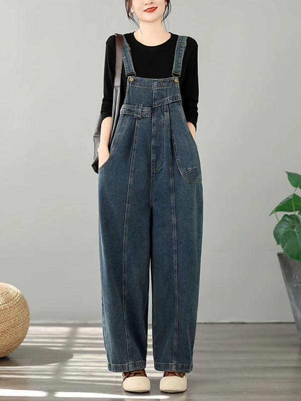 Retro Loose Fit Denim Overalls for Women | Plus Size High-Waisted Dungaree