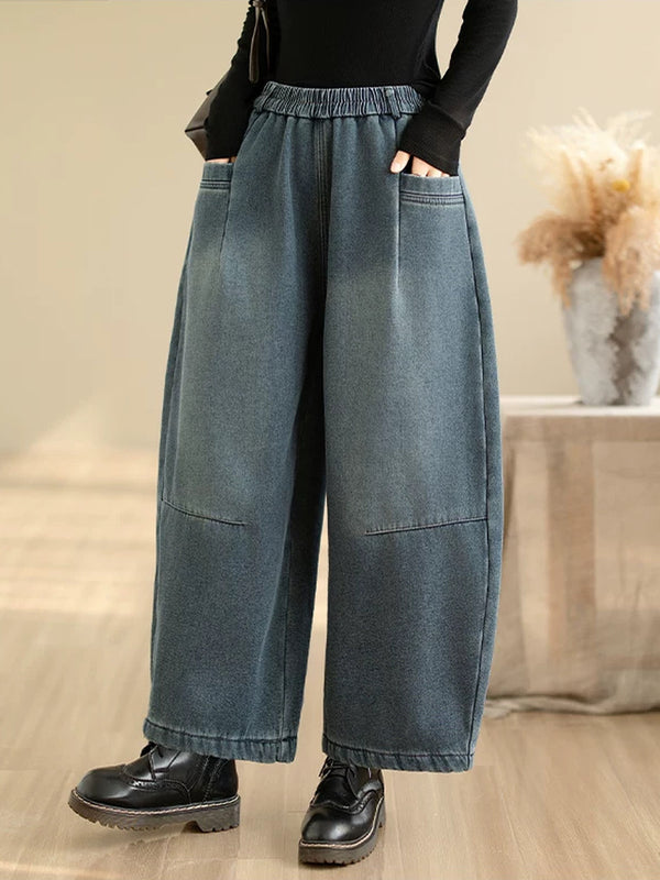 Retro Distressed Fleece Lined Wide Leg Jeans for Women | Winter Denim