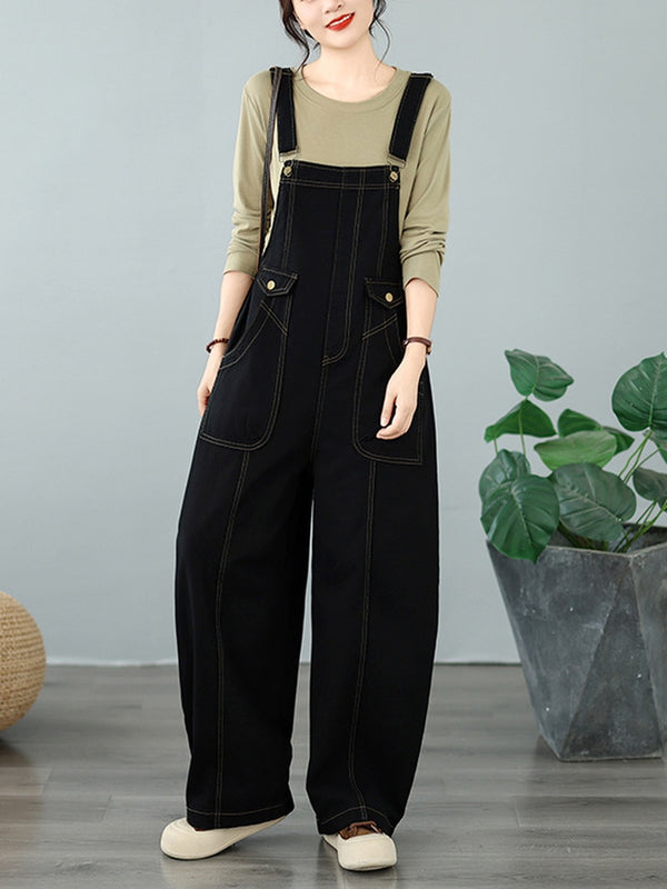 black wide-leg denim overalls