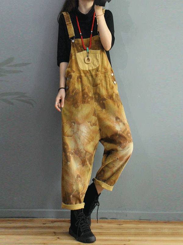 Dungarees cotton, vintage retro style overall, corduroy, tie-dye print, pockets