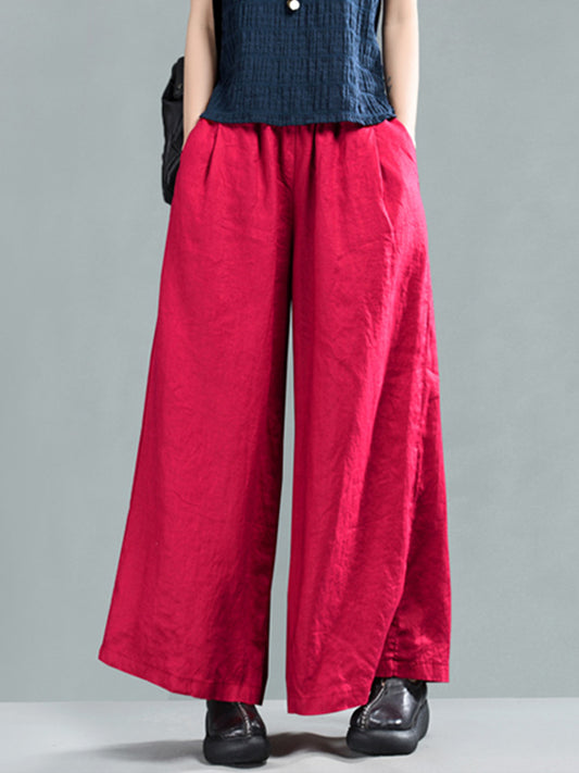 Harriett Vintage Casual-Waist Linen Wide Leg-perna com bolsos
