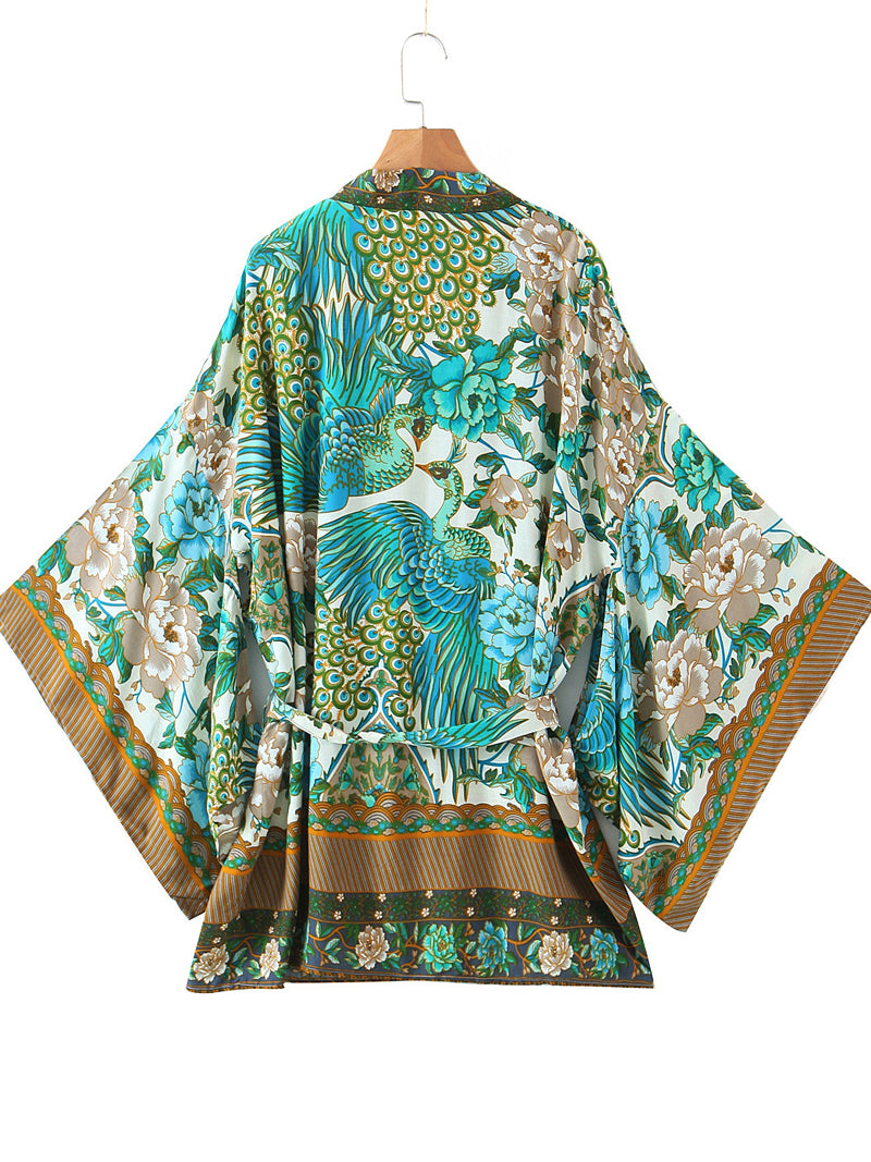 Evatrends cotton gown robe printed kimonos, Outerwear, Cotton, Nightwear, Short kimono, short sleeves, V collar, Broad Sleeves, Green, loose fitting, Printed, Belted, Floral