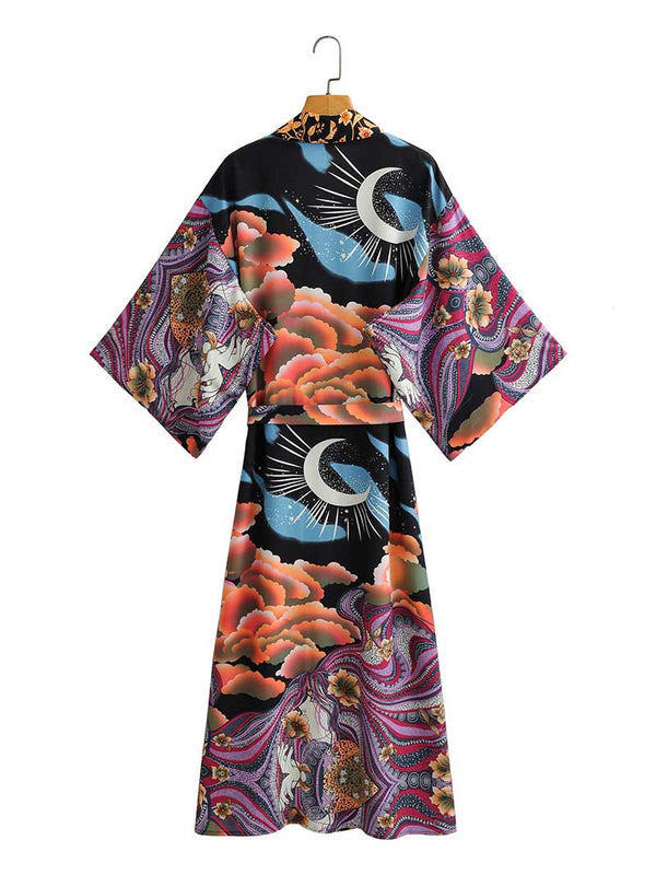 Evatrends cotton gown robe printed kimonos, Outerwear, Cotton, Nightwear, Long kimono, Board Sleeves, loose fitting, Printed, Floral + Moon, Belted