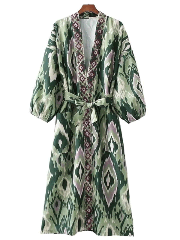 Evatrends cotton gown robe printed kimonos, Outerwear, Polyester, Nightwear, long kimono, Raglan sleeves, long Sleeves, loose fitting, printed, Belted