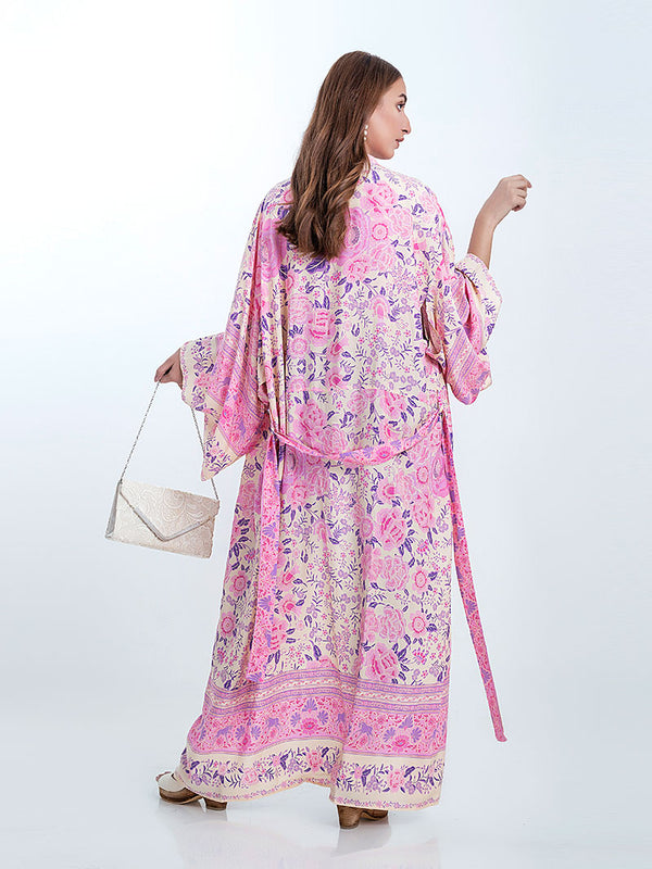 Evatrends cotton gown robe printed kimonos, Outerwear, Cotton, Viscose, Nightwear, Bordered trim, sleeves & bottom, long kimono, Kimono Broad sleeves with armpit opening, loose fitting, Floral print, Belted