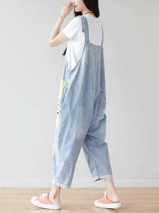 Dungarees cotton denim ripped jeans floral vintage retro style overall, Denim Cotton 91%-99%, Adjustable Straps, Cropped Pant