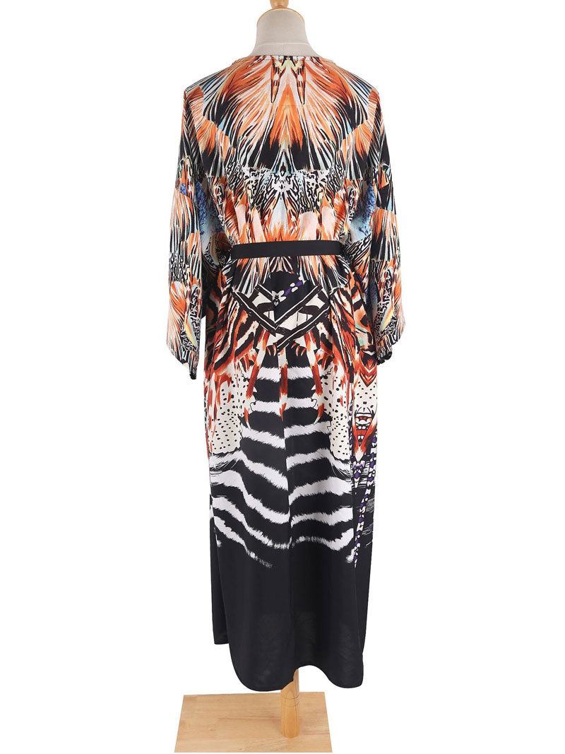 Evatrends cotton gown robe printed kimonos, Outerwear, polyester, Nightwear, long kimono, long Sleeves, loose fitting, printed, Belted