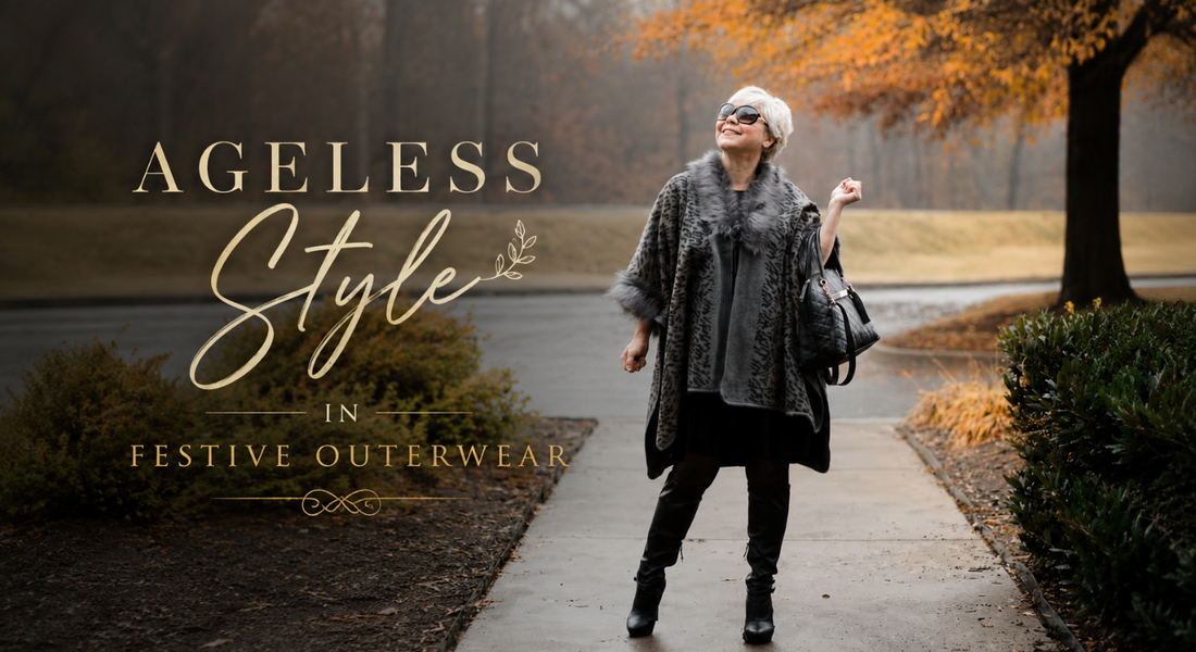 Woman wearing festive outerwear styled with a timeless winter outfit for holiday gatherings and seasonal fashion.