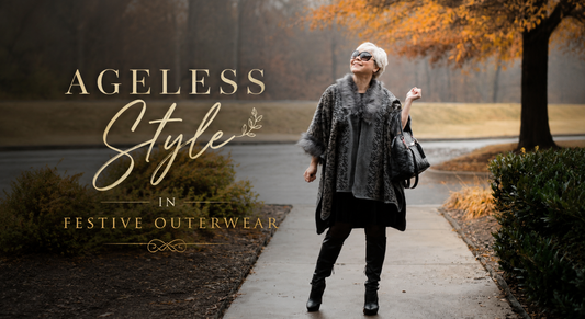 Woman wearing festive outerwear styled with a timeless winter outfit for holiday gatherings and seasonal fashion.
