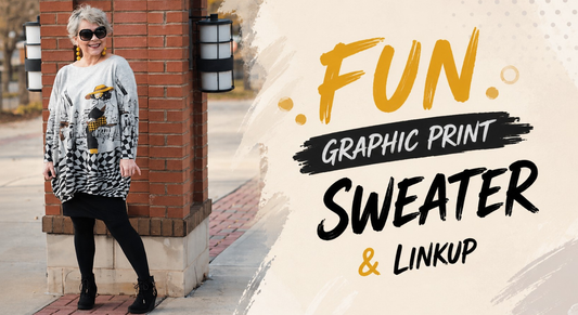 Woman wearing a fun graphic print sweater styled with casual everyday fashion for a comfortable and modern look.