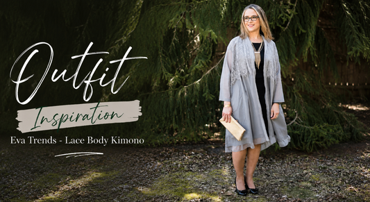 Woman wearing a lace body kimono layered over a dress for an elegant and versatile casual to formal outfit.