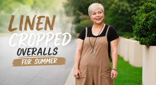 Woman wearing breathable linen cropped overalls styled with a casual summer outfit for a cool and comfortable everyday look.