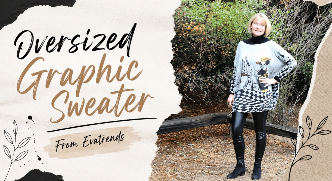 Woman wearing an oversized graphic sweater jumper styled with casual clothing for a relaxed and fashionable everyday outfit.