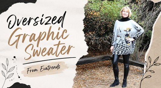 Woman wearing an oversized graphic sweater jumper styled with casual clothing for a relaxed and fashionable everyday outfit.