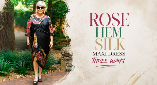 Woman wearing a rose hem silk maxi dress styled three different ways for casual, elegant and special occasion outfits.