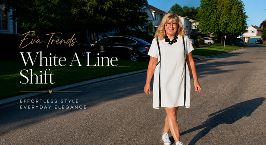 White A line shift dress paired with casual shoes for a timeless women's summer fashion look.