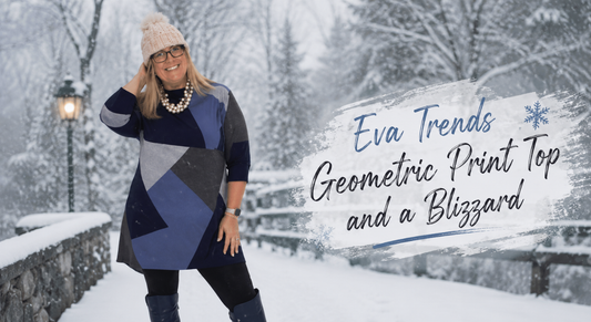 Woman wearing a geometric print top styled with cozy winter layers for a casual and fashionable everyday outfit.