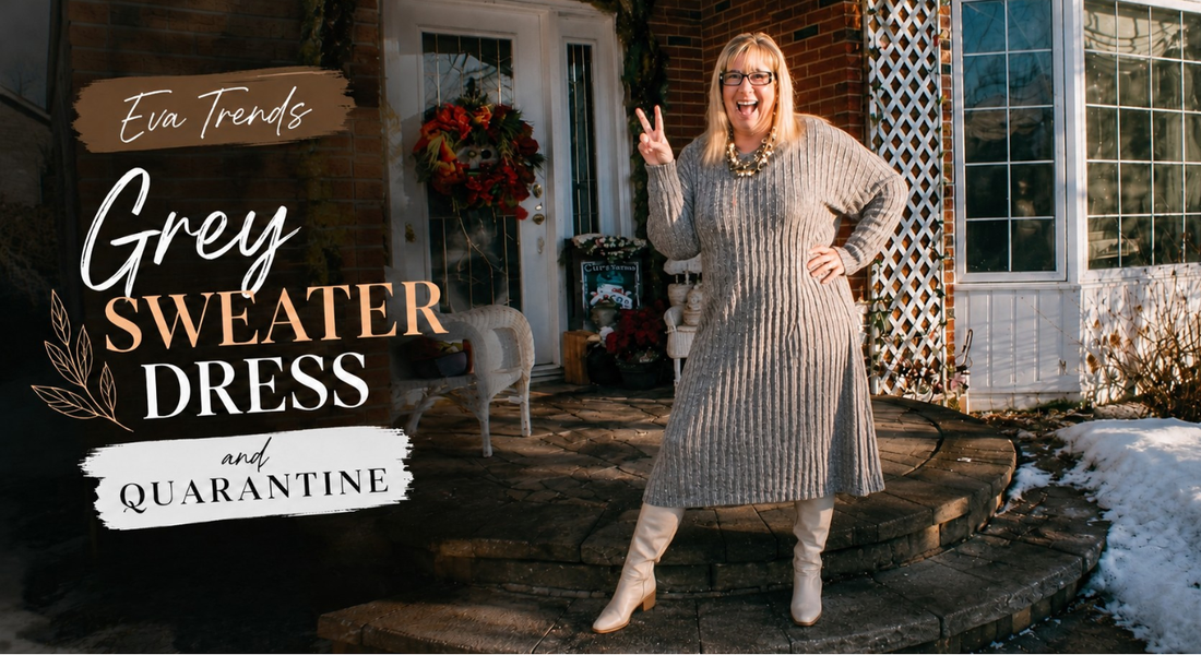 Woman wearing a grey sweater dress styled for a cozy and comfortable casual outfit suitable for everyday wear at home or outdoors.