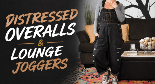 Woman wearing distressed overalls and lounge joggers styled for casual everyday outfits and comfortable streetwear fashion.