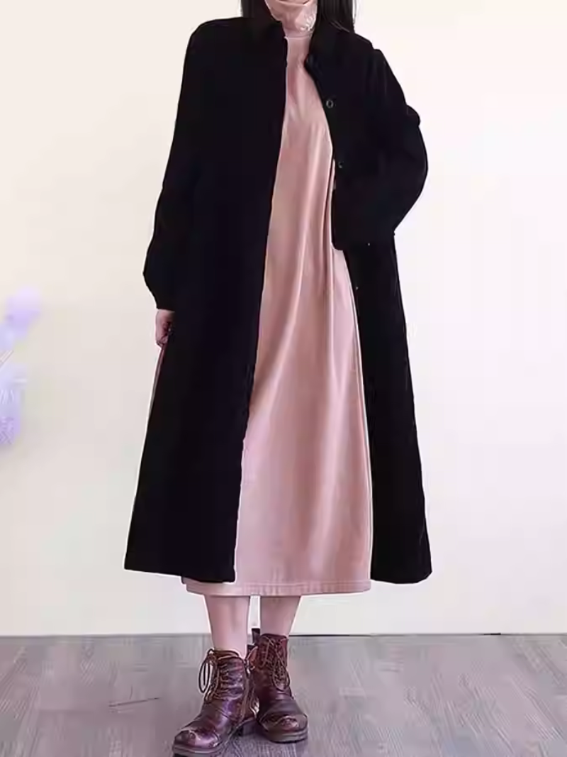 Fine Corduroy A-Line Midi Shirt Dress with Pockets and Collar