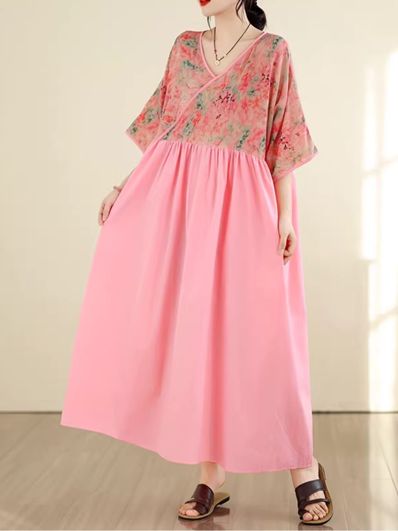 Floral Kimono-Top V-Neck Maxi Dress in Viscose Blend Chic Silhouette