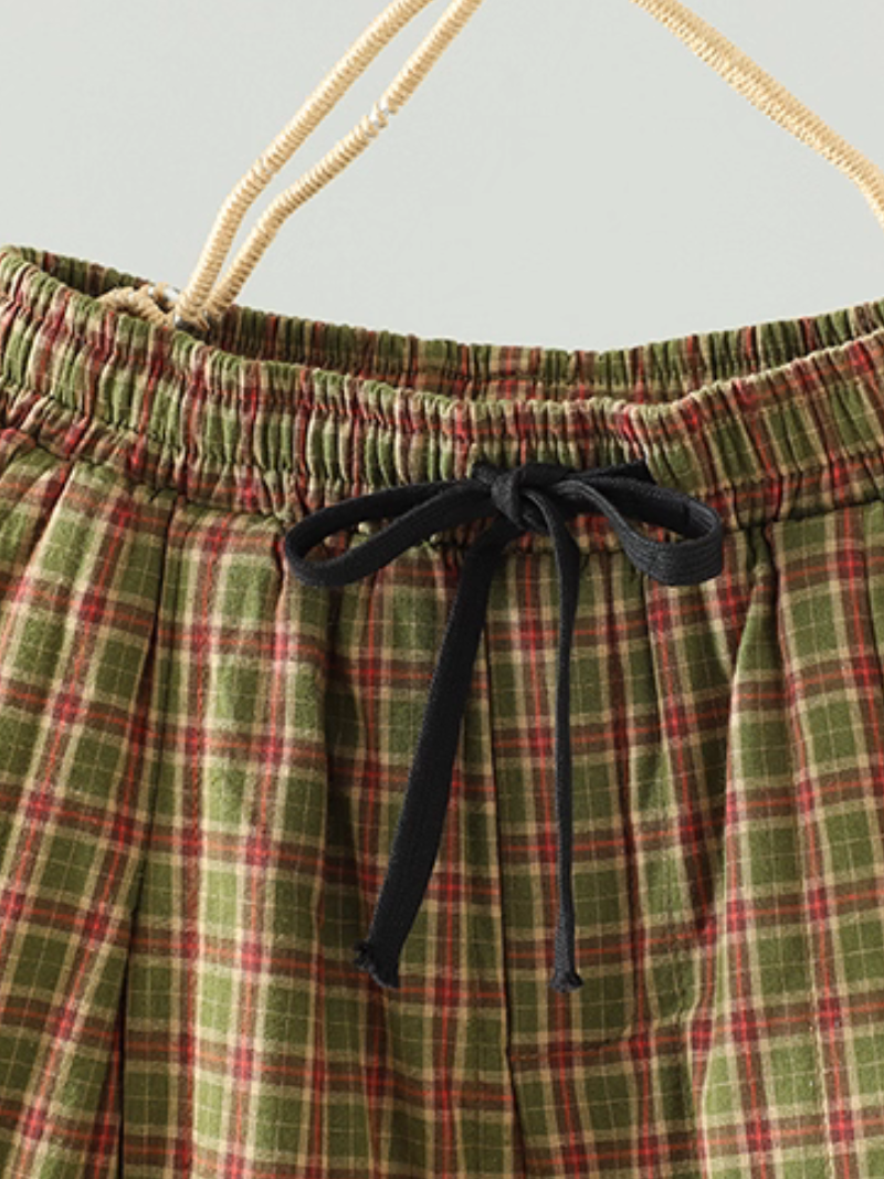Artisanal plaid pants, relaxed cropped fit in breathable Cotton&Flax for women