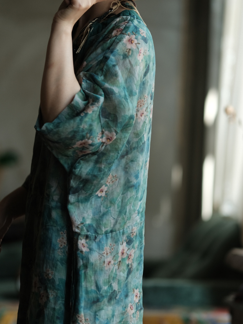 Artisanal Floral Ramie Kaftan Dress with Flowing Kimono Sleeves