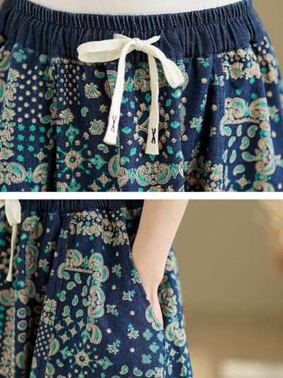 Women's Casual Loose Waist  Flower Bud Retro Side Pocket Skirt