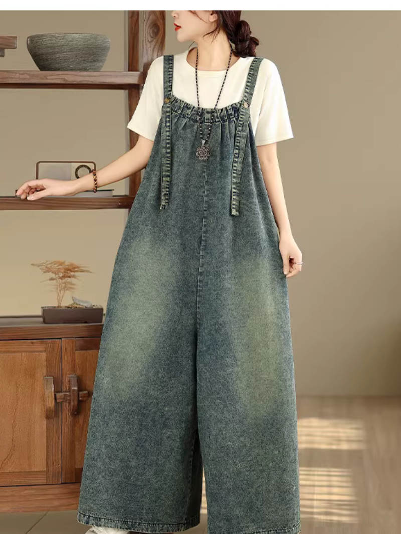 Artful Wide-Leg Denim Overalls Jumpsuit in Soft Cotton for Effortless Weekends