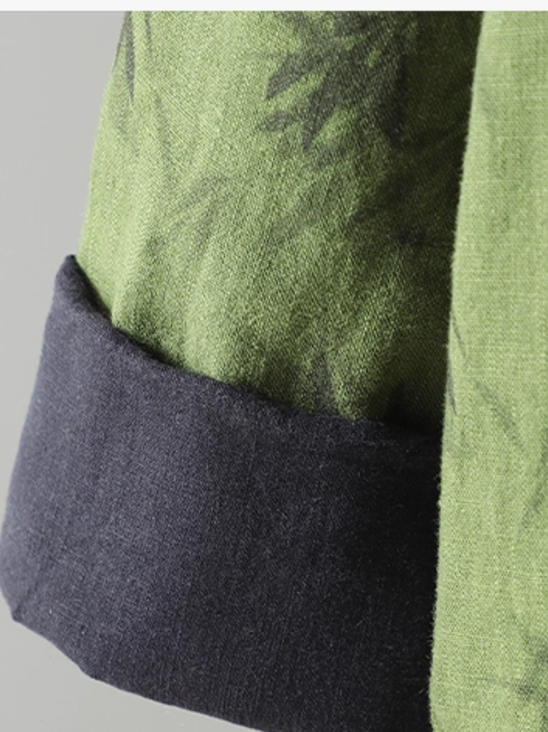 Bamboo Print Cotton-Linen Kimono Jacket with Contrast Trim and Tie