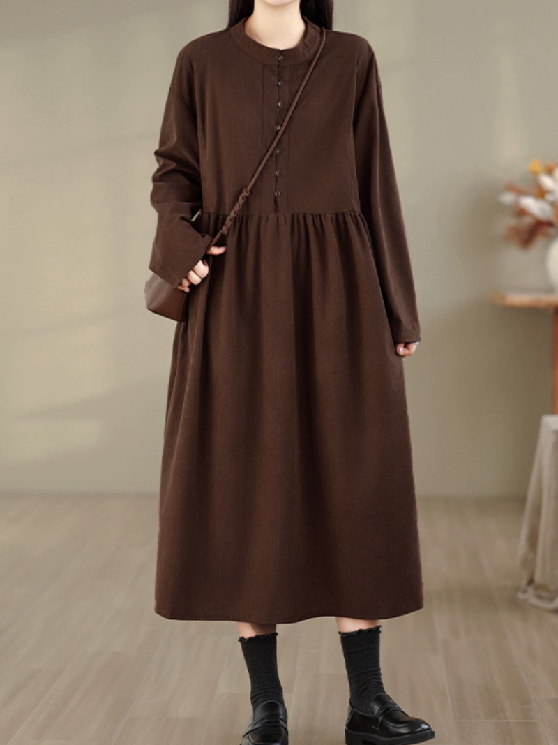 Elegant Corduroy Long-Sleeve Midi Dress with Buttons and Banded Collar