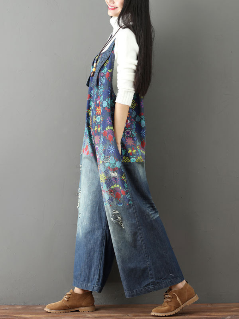 Jeans imprimés de vêtements pour femmes trous blancs larges salopettes de jambe