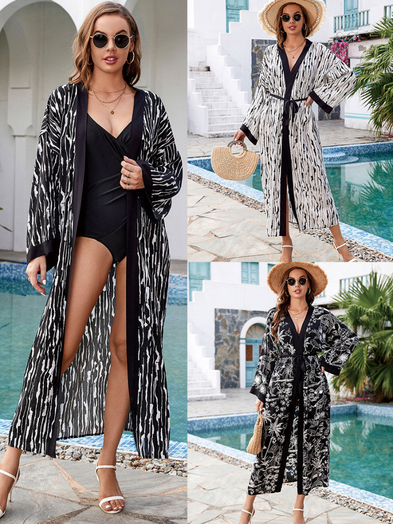 Robe de kimono à ceinture brodée à style ouvert pour femmes