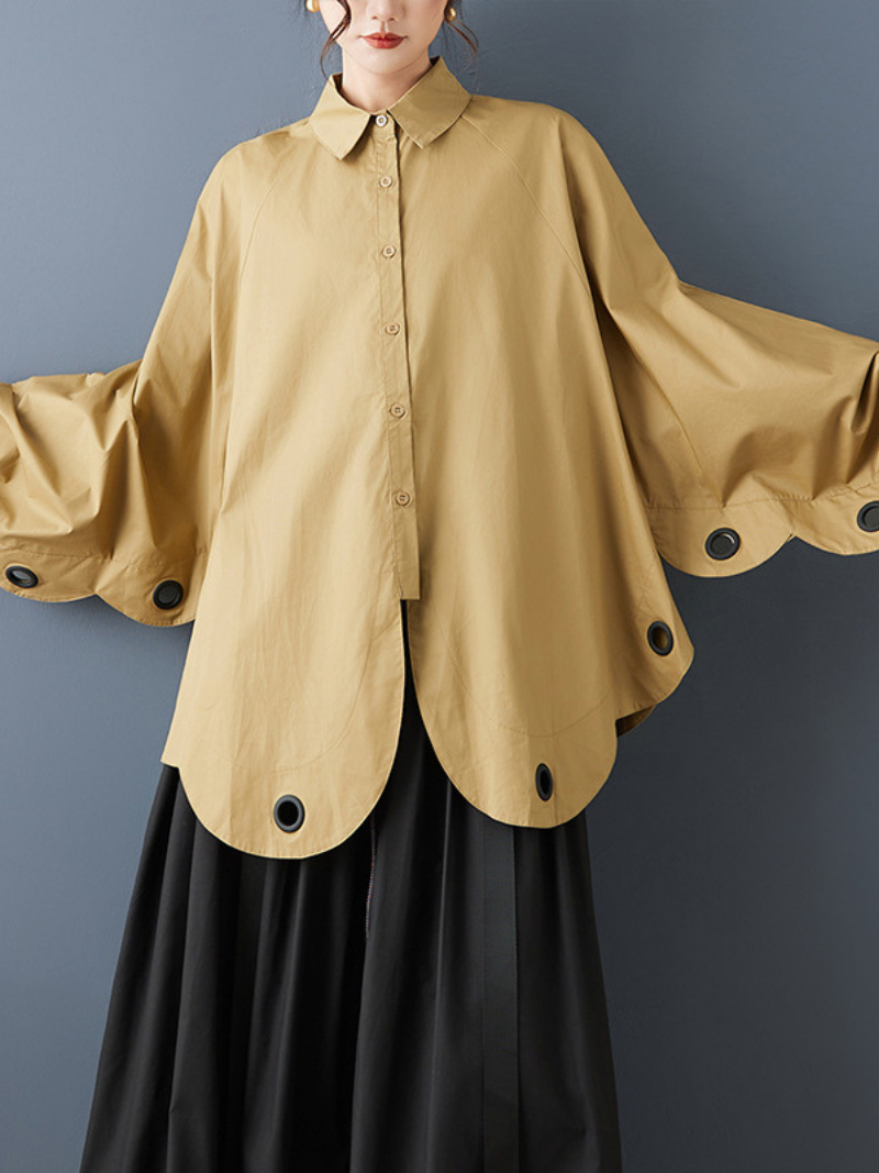 Sculpted Scallop Oversized Blouse in Yellow, Elegant Polyester Button-Down Shirt